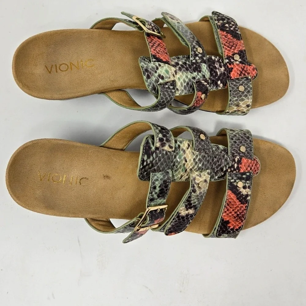 Vionic  9 Snakeskin Print Wedge Sandals Multi Color Comfort‎ Adjustable Straps